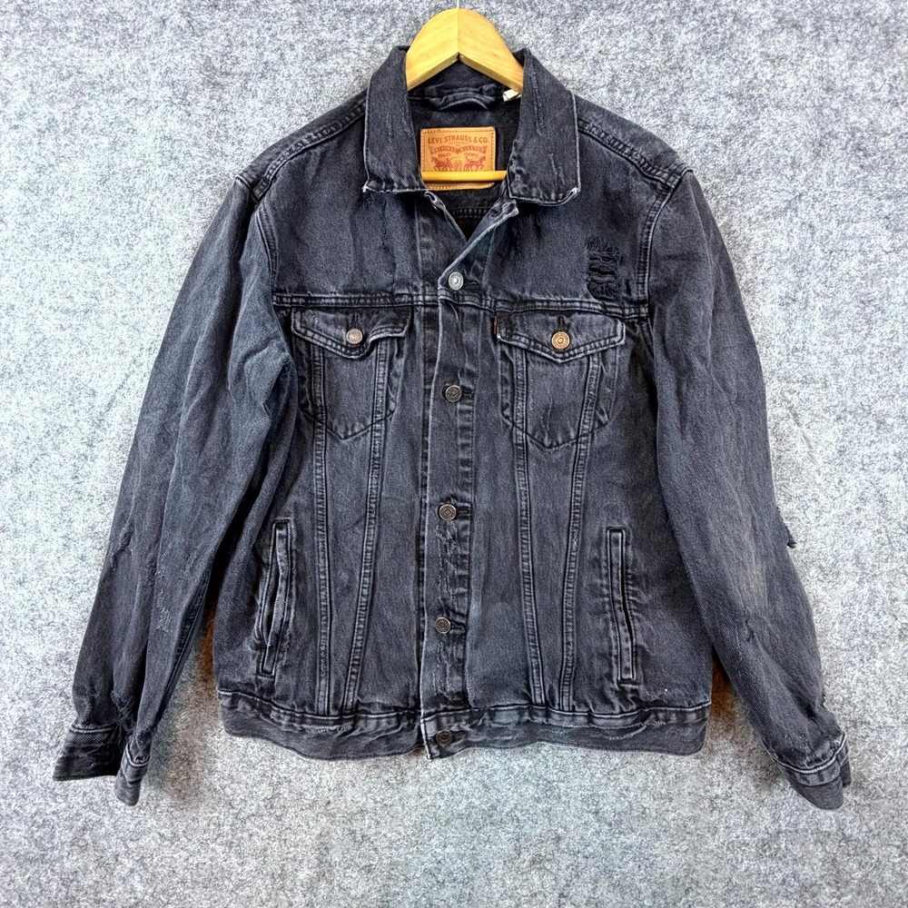 Levi's Trucker Jacket Mens Large Faded Gray Denim Distressed Travel Button Front